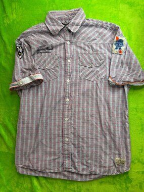 Red Snap Western Plaid Shirt Sz XL Rodeo Patches Quarter Finals